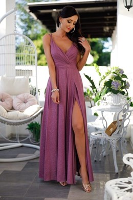 Sukienka długa na ramiączkach brokat jagoda