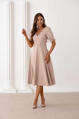 Sukienka midi rękawek dekolt V wiązanie beż