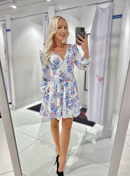 Sukienka krótka odcinana długi rękaw kwiaty biały