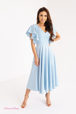 Sukienka midi falbana rękaw brokat błękit