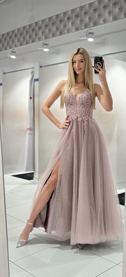 Sukienka długa tiul gorset ozdoby brokat wrzos