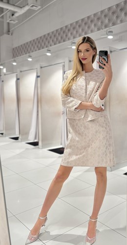 Sukienka krótka rękawek grochy brokat beż