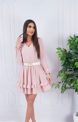 Sukienka krótka długi rękaw ściągacz pas róż