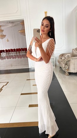 Sukienka długa cekin koraliki siatka biel