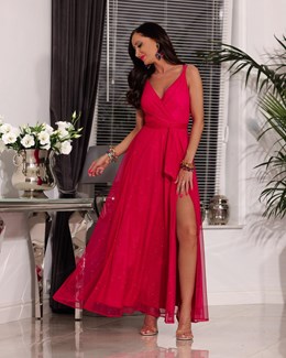 Sukienka długa na ramiączkach tiul brokat malina