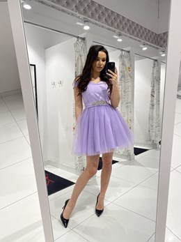 Sukienka krótka opadające ramiona tiul fioletowy