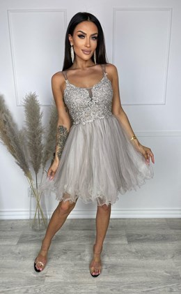 Sukienka krótka ramiączka gorset tiul beż