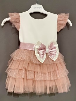 Sukienka dziecięca tiul falbany kokarda róż/biel