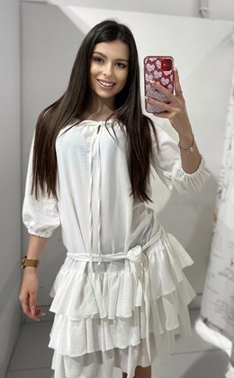 Sukienka krótka falbanka dłuższy rękaw biel