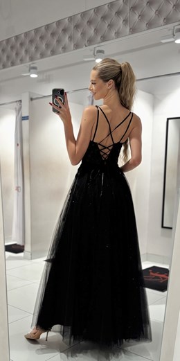 Sukienka długa gorset zdobienie kwiaty tiul czerń