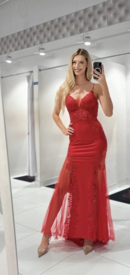 Sukienka długa gorset rybka haft czerwień