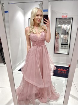 Sukienka długa balowa falbany koronka wrzos