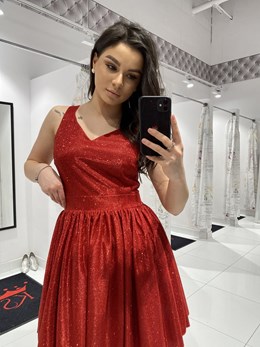 Sukienka krótka rozkloszowana brokatowa czerwony