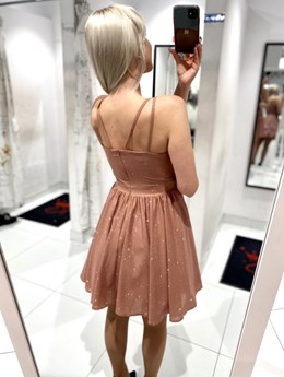 Sukienka krótka na ramiączkach brokat różowe złoto