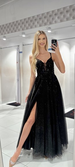 Sukienka długa gorset tiul brokat czerń