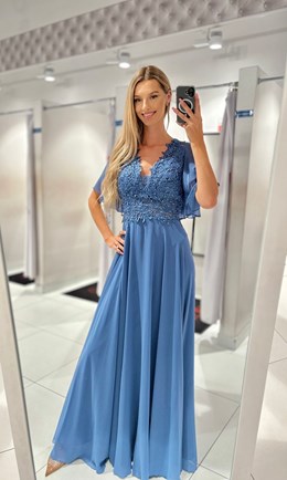 Sukienka długa zdobiona góra rękawek jeans