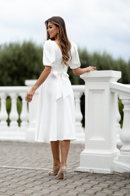 Sukienka midi 3/4 rękawek wiązanie plecy biel