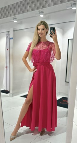 Sukienka długa z narzutką cekiny róża fuksja