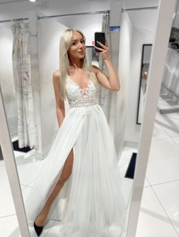 Sukienka długa tiul koronka wiązanie biel