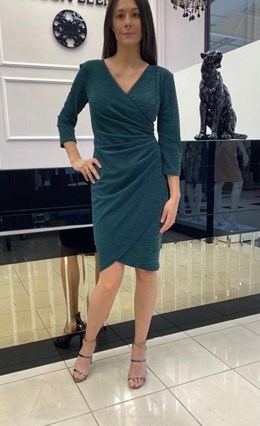 Sukienka krótka rękaw marszczenie zieleń brokat