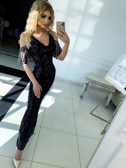 Sukienka długa rękawek frędzle cekiny czerń