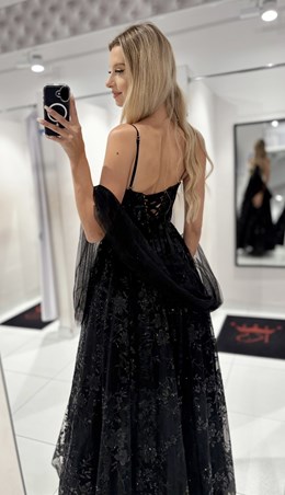 Sukienka długa balowa brokatowe kwiaty czerń