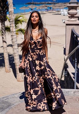 Sukienka długa  dwa rozcięcia wzór czarny