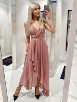 Sukienka asymetria na ramiączkach brokat róż