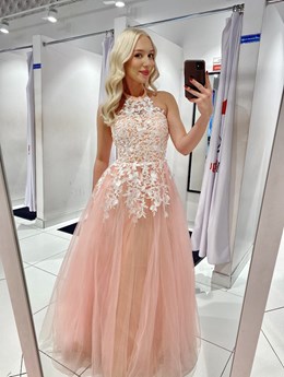 Sukienka długa tiul koronka na szyję łosoś