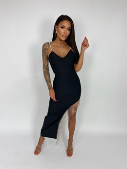 Sukienka długa ramiączka kryształki czerń