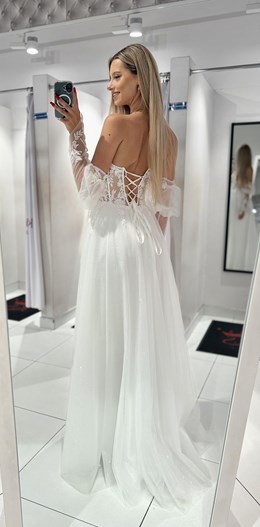 Sukienka długa gorset rękawek koronka tiul biel