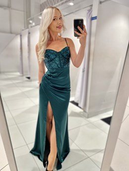 Sukienka długa cekiny gorset satynowy dół zieleń