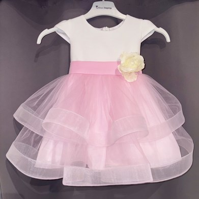 Sukienka dziecięca falbany ozdoba kwiatek biel/róż