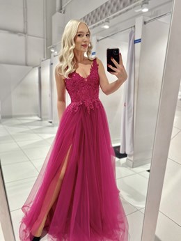 Sukienka długa tiulowa gorset koronka fuksja