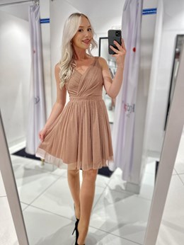 Sukienka krótka ramiączka pas tiul brokat kawa