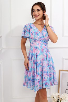 Sukienka krótka rękawek pas wzór róż błękit