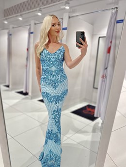 Sukienka długa ramiączka plecy cekin błękit