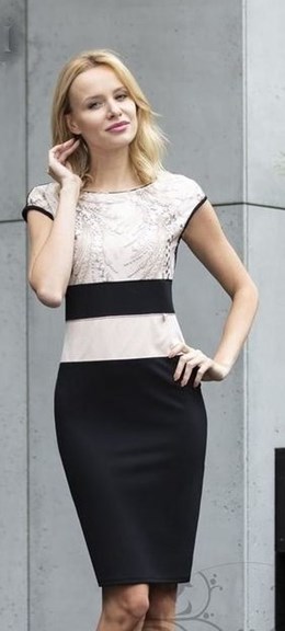 Sukienka krótka koronka góra brokat pas czerń/beż