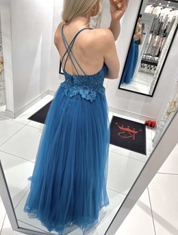 Sukienka długa tiulowa ramiączka koronka turkus