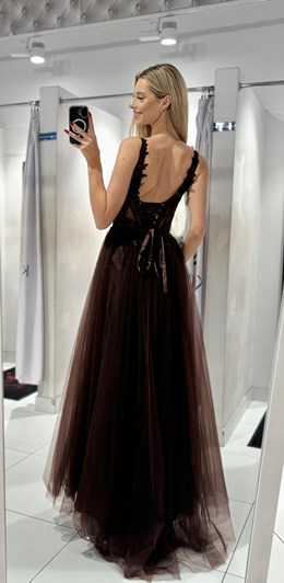 Sukienka długa tiulowa gorset koronka czekolada