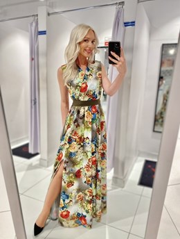 Sukienka długa prosta gumeczka kwiaty khaki