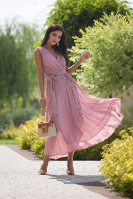 Sukienka długa asymetryczna szyfon pasek róż