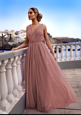 Sukienka długa tiul głęboki dekolt brokat karmel