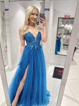 Sukienka długa tiulowa ramiączka koronka turkus