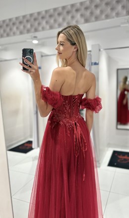 Sukienka długa gorset rękawek tiul bordo