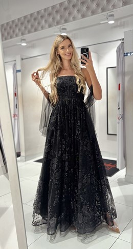 Sukienka długa balowa brokatowe kwiaty czerń